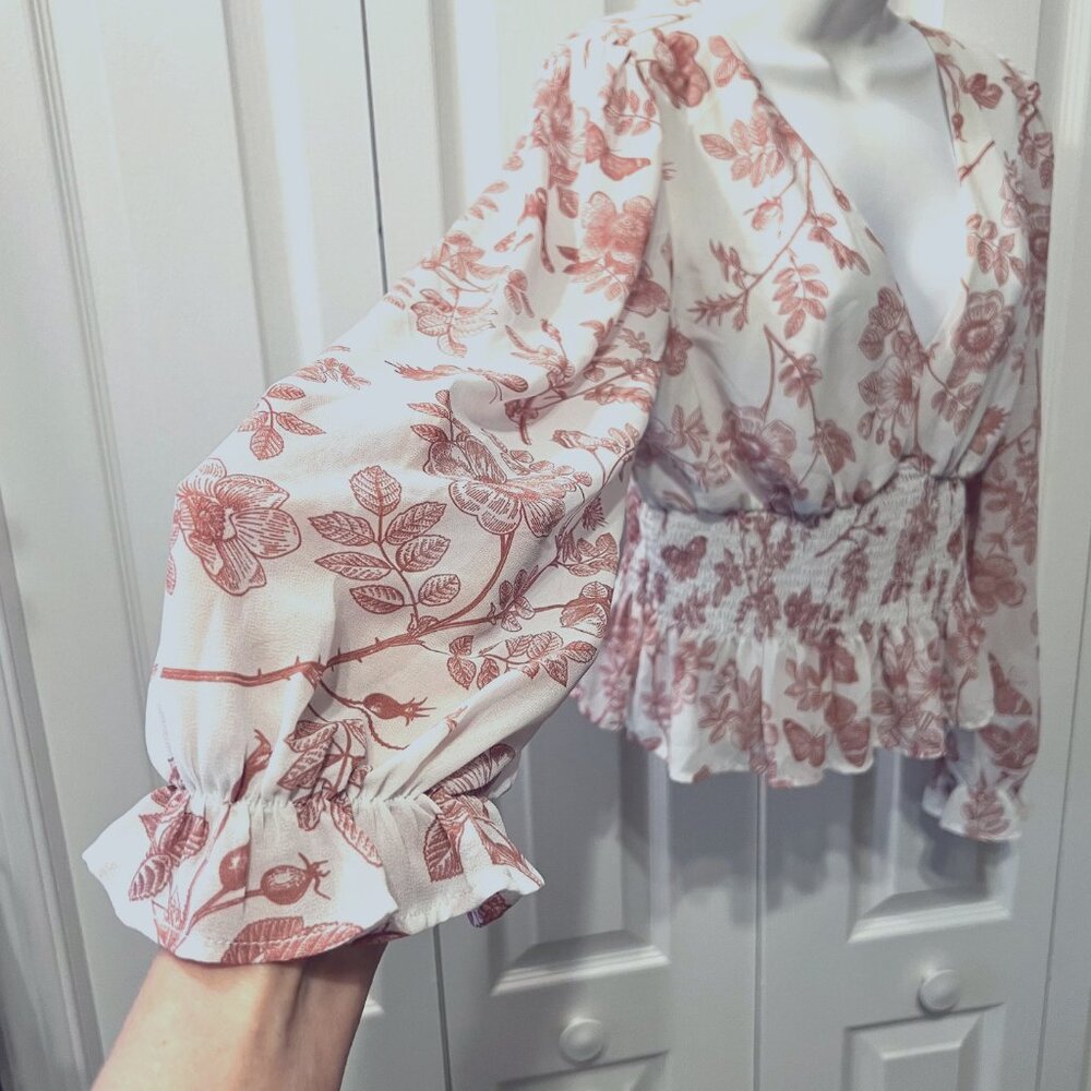 Anthropologie Lulumari-Long Fairy Sleeves-Sheer-Peplum Fitted Waist-V Neck-Med - Picture 6 of 15